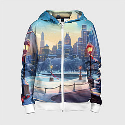 Толстовка на молнии детская Зимний большой город, цвет: 3D-белый
