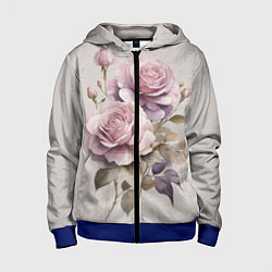 Толстовка на молнии детская Нежные розовые розы на стене, цвет: 3D-синий