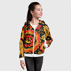 Толстовка на молнии детская Хохломская роспись красно-жёлтые цветы на чёрном ф, цвет: 3D-белый — фото 2