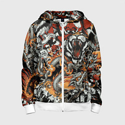 Толстовка на молнии детская Самурай дракон и тигр, цвет: 3D-белый