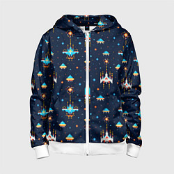 Толстовка на молнии детская Пиксельная космическая игра, цвет: 3D-белый