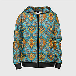 Толстовка на молнии детская Узоры волки и цветы, цвет: 3D-черный