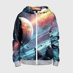 Толстовка на молнии детская Объемный космос и планеты, цвет: 3D-меланж
