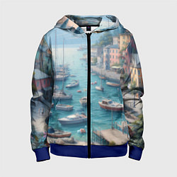 Толстовка на молнии детская Гавань с лодками, цвет: 3D-синий