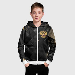 Толстовка на молнии детская Золотой герб России на черно-золотой текстуре, цвет: 3D-белый — фото 2