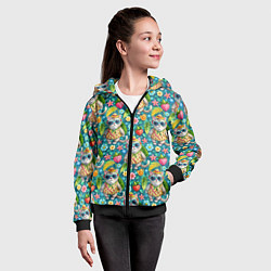 Толстовка на молнии детская Коты и летний вайб паттерн, цвет: 3D-черный — фото 2