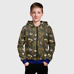 Толстовка на молнии детская Хохлатые синицы и мимоза паттерн, цвет: 3D-синий — фото 2