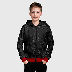 Толстовка на молнии детская Паттерн серый контур губ на чёрном - lips black, цвет: 3D-красный — фото 2
