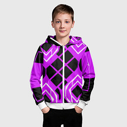 Толстовка на молнии детская Чёрные квадраты и белые полосы на фиолетовом фоне, цвет: 3D-белый — фото 2