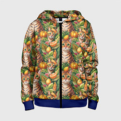 Толстовка на молнии детская Бенгальский котик в тропических листьях, цвет: 3D-синий
