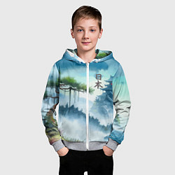 Толстовка на молнии детская Японский пейзаж - акварель живопись, цвет: 3D-меланж — фото 2