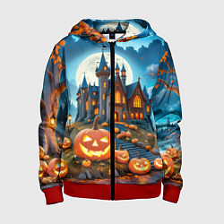 Толстовка на молнии детская Ночь Хэллоуина тыквы и замок, цвет: 3D-красный