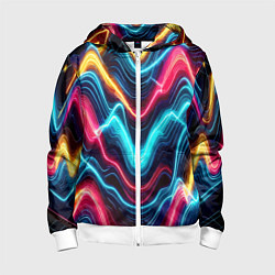 Толстовка на молнии детская Хаотичные неоновые полосы - абстракция, цвет: 3D-белый