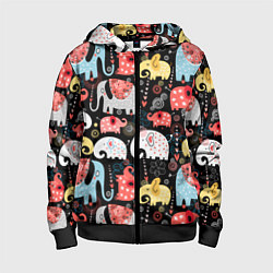 Толстовка на молнии детская Цветные слонята паттерн, цвет: 3D-черный