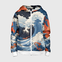 Толстовка на молнии детская Япония волны алые цветы, цвет: 3D-белый