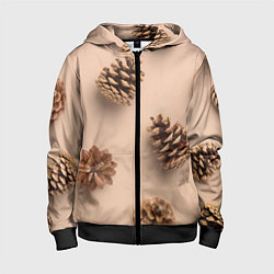 Толстовка на молнии детская Еловые шишки на бежевом фоне, цвет: 3D-черный