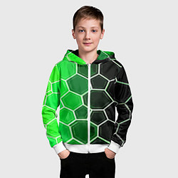 Толстовка на молнии детская Белые шестиугольники на чёрно-зелёном фоне, цвет: 3D-белый — фото 2
