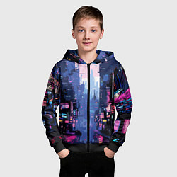 Толстовка на молнии детская Киберпанк город розовый, цвет: 3D-черный — фото 2