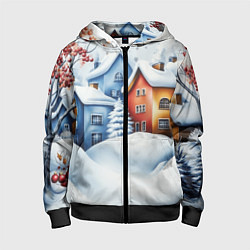 Толстовка на молнии детская Зимний новогодний городской пейзаж, цвет: 3D-черный