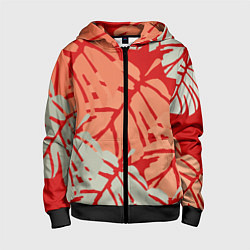 Толстовка на молнии детская Отпечатки монстеры на красном, цвет: 3D-черный