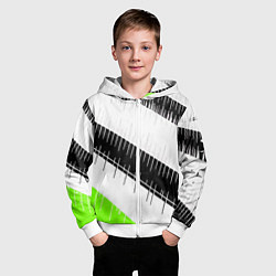 Толстовка на молнии детская Диагональные чёрно-белые полосы на зелёном фоне, цвет: 3D-белый — фото 2