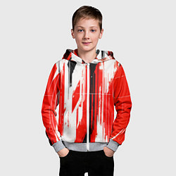 Толстовка на молнии детская Вертикальные чёрно-белые линии на красном фоне, цвет: 3D-меланж — фото 2