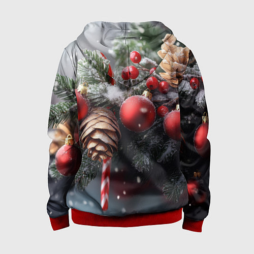 Детская толстовка на молнии Новогодние украшения на ветках / 3D-Красный – фото 2