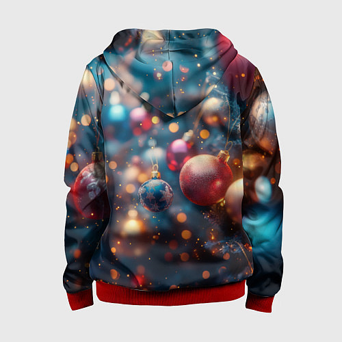 Детская толстовка на молнии Красные и синие шары на фоне елки / 3D-Красный – фото 2