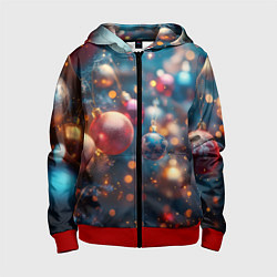 Толстовка на молнии детская Красные и синие шары на фоне елки, цвет: 3D-красный