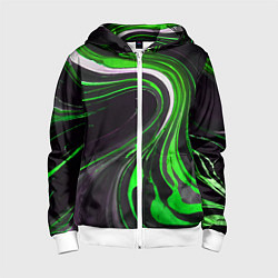 Толстовка на молнии детская Волнистые бело-зелёные линии на чёрном фоне, цвет: 3D-белый