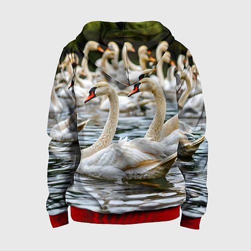 Детская толстовка на молнии Белые лебеди на пруду / 3D-Красный – фото 2