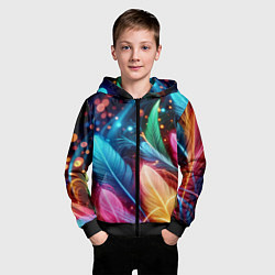 Толстовка на молнии детская Яркие красочные неоновые перья, цвет: 3D-черный — фото 2