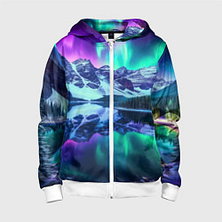 Толстовка на молнии детская Северное сияние над горами - неоновое свечение, цвет: 3D-белый