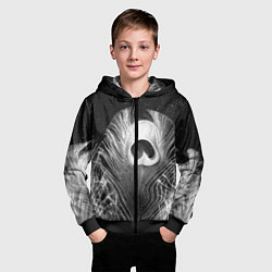 Толстовка на молнии детская Изогнутые белые перья павлина - чб иллюстрация, цвет: 3D-черный — фото 2