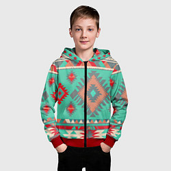 Толстовка на молнии детская Оранжево бирюзовый геометрический узор в стиле ацт, цвет: 3D-красный — фото 2