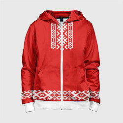 Толстовка на молнии детская Славянский узор на красном - вышиванка рубаха крас, цвет: 3D-белый