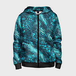Толстовка на молнии детская Бирюзовая чешуя рептилии - абстрактный паттерн, цвет: 3D-черный