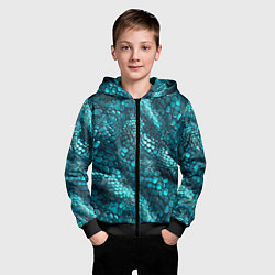 Толстовка на молнии детская Бирюзовая чешуя рептилии - абстрактный паттерн, цвет: 3D-черный — фото 2