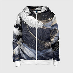 Толстовка на молнии детская Волны моря с блестками, цвет: 3D-белый