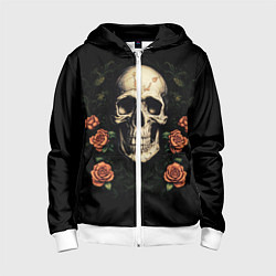 Толстовка на молнии детская Череп в красных розах, цвет: 3D-белый
