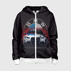 Толстовка на молнии детская BMW на красном фоне, цвет: 3D-белый