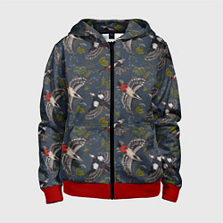 Толстовка на молнии детская Дятлы и цветы, цвет: 3D-красный