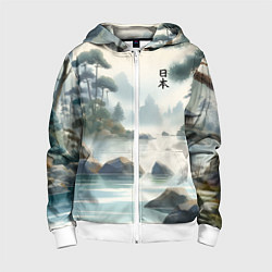 Толстовка на молнии детская Японский акварельный пейзаж, цвет: 3D-белый