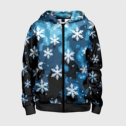 Толстовка на молнии детская Стилизованный паттерн со снежинками тёмно-синий, цвет: 3D-черный