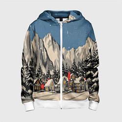 Толстовка на молнии детская Небольшой новогодний город в горах, цвет: 3D-белый