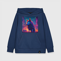 Толстовка детская хлопковая Волк в неоновом киберпанк-городе, цвет: тёмно-синий