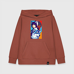 Толстовка детская хлопковая Девочка-волчонок и волк - аниме - нейросеть, цвет: кирпичный