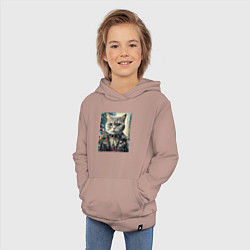 Толстовка детская хлопковая Прикольный котик фанат тяжёлого рока - нейросеть, цвет: пыльно-розовый — фото 2