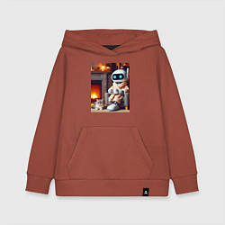 Детская толстовка-худи Робот у камина с котом и чашкой кофе - нейроарт