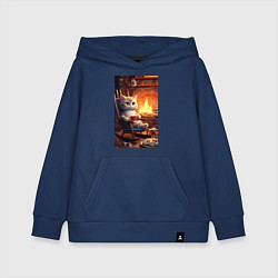 Детская толстовка-худи Уютный кот у камина с чашкой какао